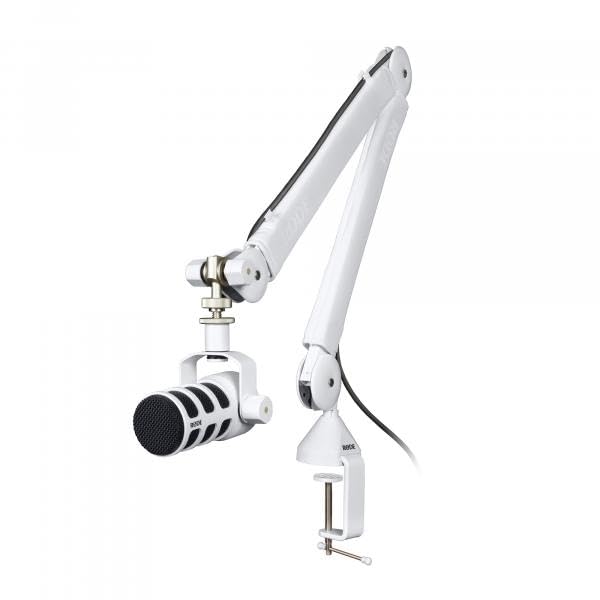 RODE PodMic Dynamic Podcasting Microphone (White) with RODE PSA1+ Professional Studio Arm (White) and XLR Cable by StreamEye – Metal, Model Pod Mic, GFW-0250