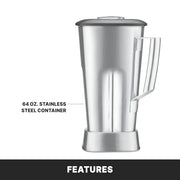 Waring 64 Ounce Stainless Steel Jar / Black / MX1500XTS - Stainless Steel 64 Oz Container | Noise Reduction Countertop Blenders
