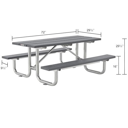 6' Rectangular Outdoor Picnic Table by Global Industrial – 74.25 inches x 30.25 inches x 18.7 inches, Recycled Plastic & Steel, Grey, Model 271670GY