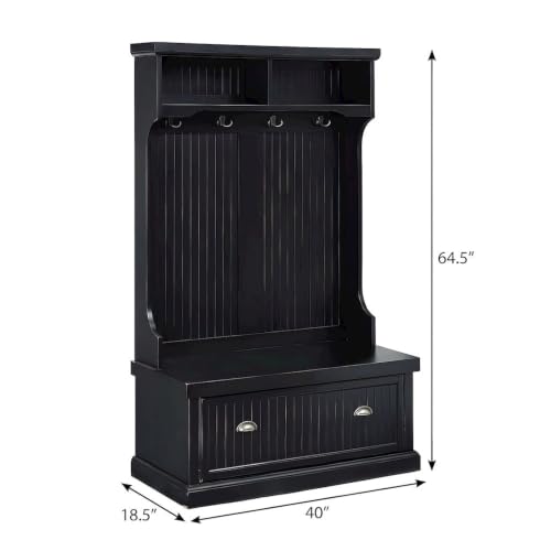 Furnifact Birch Veneer Hall Tree with Beadboard Panels, Bench Seat, Double Hooks, Storage Cabinets, Coat Rack for Entryway Mudroom, Distressed Black - image 8