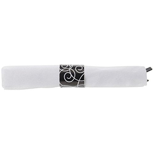 CaterWrap Black Plastic Silverware and White 17"sq Napkin with Black Geometric Pattern Band by HUBERT – Plastic, Black, Pack of 100, Model 119971