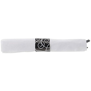 CaterWrap Black Plastic Silverware and White 17"sq Napkin with Black Geometric Pattern Band by HUBERT – Plastic, Black, Pack of 100, Model 119971