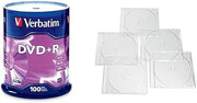 Verbatim DVD+R AZO Dye 4.7GB 16X 100 Discs Spindle Frustration Free Packaging + 25 Clear Slim Storage Cases – Data & Music Recording Bundle
