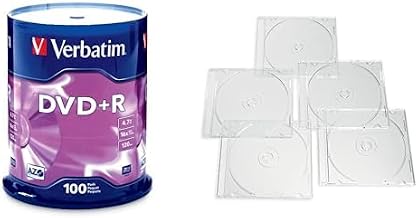 Verbatim DVD+R AZO Dye 4.7GB 16X 100 Discs Spindle Frustration Free Packaging + 25 Clear Slim Storage Cases – Data & Music Recording Bundle