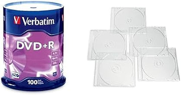 Verbatim DVD+R AZO Dye 4.7GB 16X 100 Discs Spindle Frustration Free Packaging + 25 Clear Slim Storage Cases – Data & Music Recording Bundle