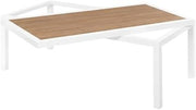 Brown Wood Look Accent Paneling, Outdoor Patio Aluminum Coffee Table, Contemporary Style, Weather-Resistant Finish, Durable Aluminum Frame