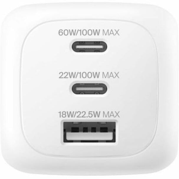 100W GaN 3-Port USB Wall Charger - 1xUSB-A by Belkin – 1.7" x 1.7", White, Model WCH016dqWH