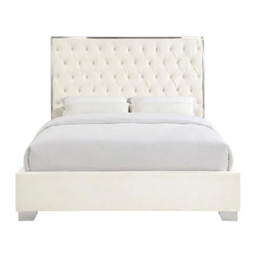 Starlight Canyon Home Fully Upholstered Platform Bed, Button-Tufted Velvet Queen Bed Frame with Headboard and Footboard for Bedroom, White Velvet - image 5