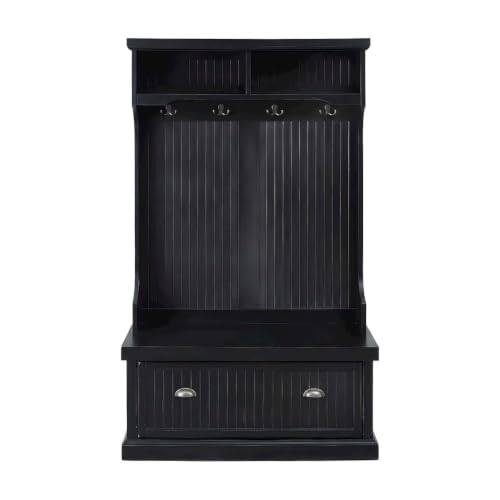 Furnifact Birch Veneer Hall Tree with Beadboard Panels, Bench Seat, Double Hooks, Storage Cabinets, Coat Rack for Entryway Mudroom, Distressed Black - image 5