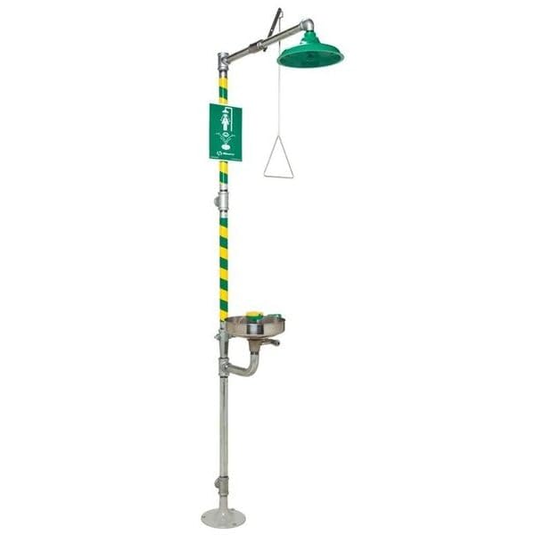 Combination Emergency Shower and Eye/Face Wash with Axion MSR Showerhead by Haws – 30"L x 35"W x 91"H, Stainless Steel/ABS Plastic, Green/Silver, Model 8300-8309