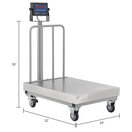 NTEP Mobile Bench Scale with Backrail and LED Display by Global Industrial – Steel Frame/Stainless Steel Pan, Silver, Model OP-915BW-2432-1000 LED-PL