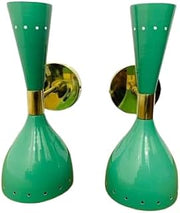 Merco Enterprises Mid-Century Modern Diabolo Wall Sconce Set of 2 – Green & Brass Finish – 1-Light Retro Indoor Accent Lighting for Bedroom, Hallway, or Living Room
