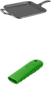 BOLD 12 Inch Seasoned Cast Iron Square Griddle + Lodge BOLD Silicone Hot Handle Holder - Fresh Green