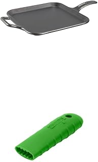 BOLD 12 Inch Seasoned Cast Iron Square Griddle + Lodge BOLD Silicone Hot Handle Holder - Fresh Green
