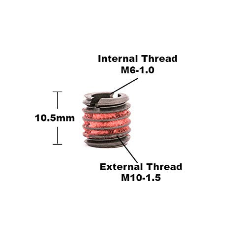 E-Z LOK 8.6mm / M6-1.0 Internal Threads, M10x1.5 External Threads, 10.49 mm Length / Red Thread Locking Inserts