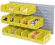 Global Industrial Wall Bin Rack with 18 Yellow Bins, 36x11x19