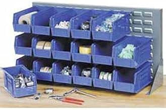 Global Industrial Louvered Bench Rack with (32) Blue Premium Stacking Bins, 36x15x20