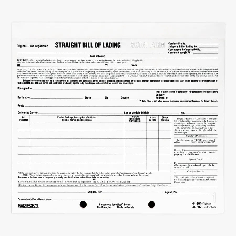 Rediform 44301 Paper Bill Of Lading Short Form, 7" x 8 1/2", 250/Pack - Default Title