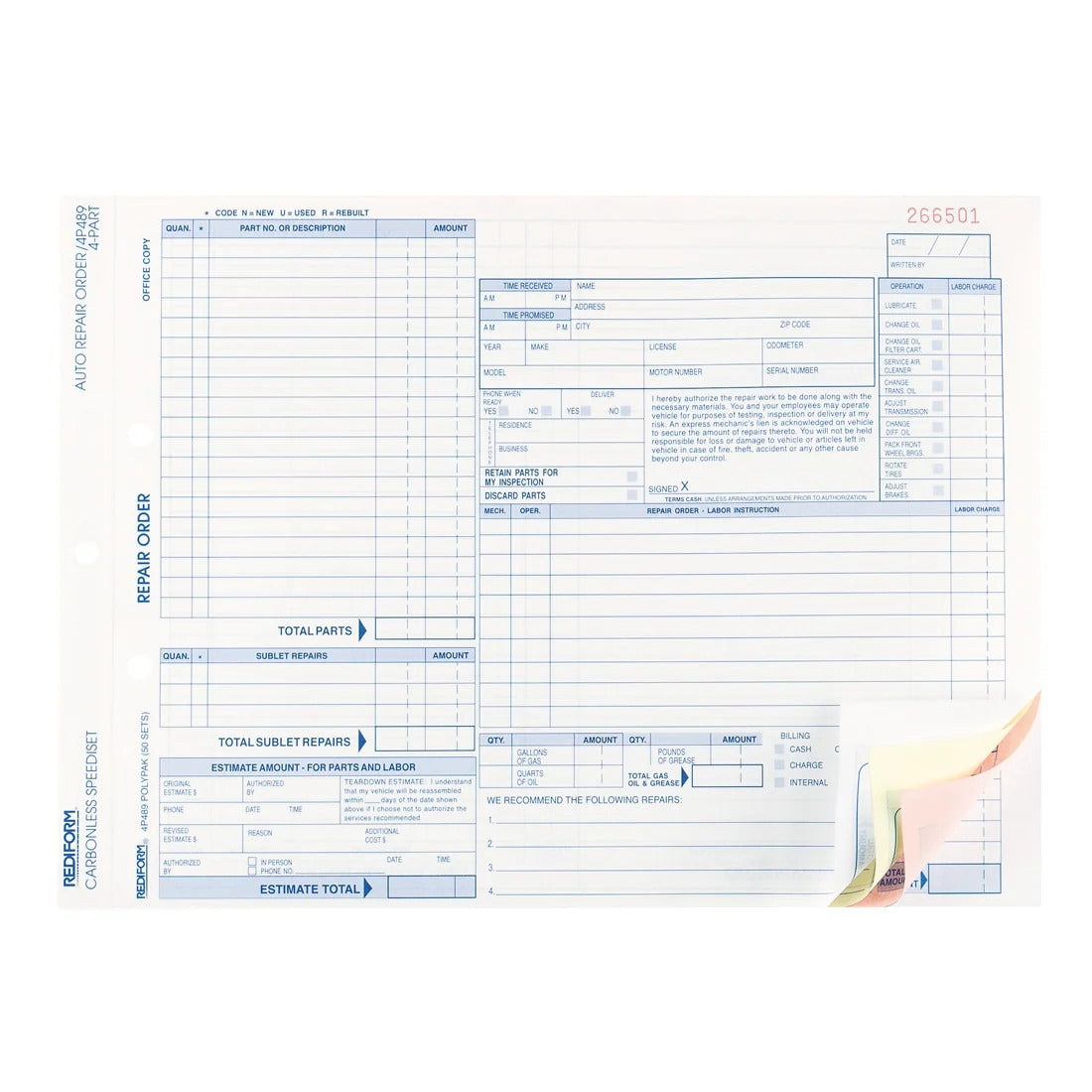 Rediform 4P489 Paper Auto Repair Form, 8 1/2" x 11", 50/Pack - Default Title