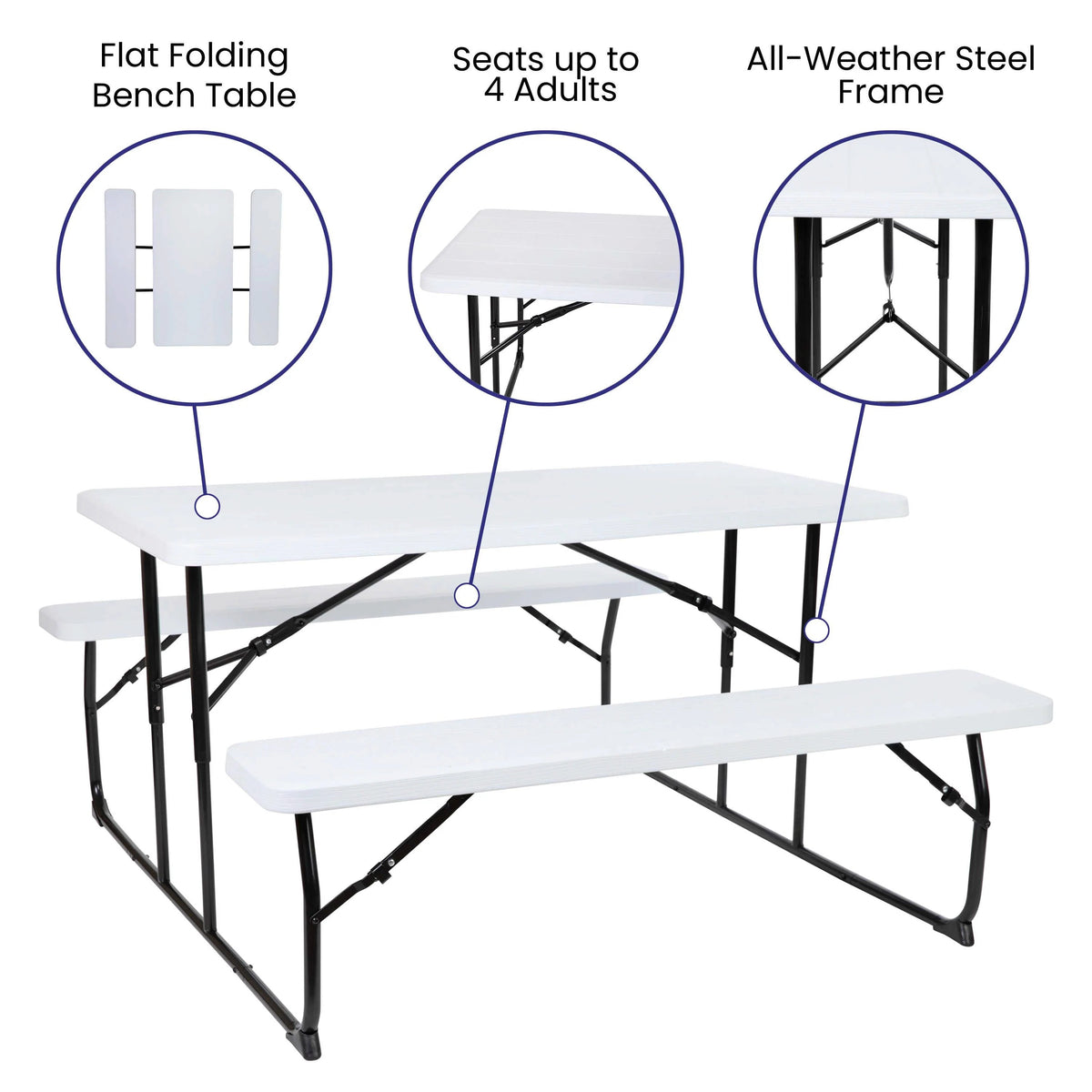 Flash Furniture RB-EBB-1470FD-WH-GG Picnic Table, 58 1/4" x 53 3/4", White - photo 3