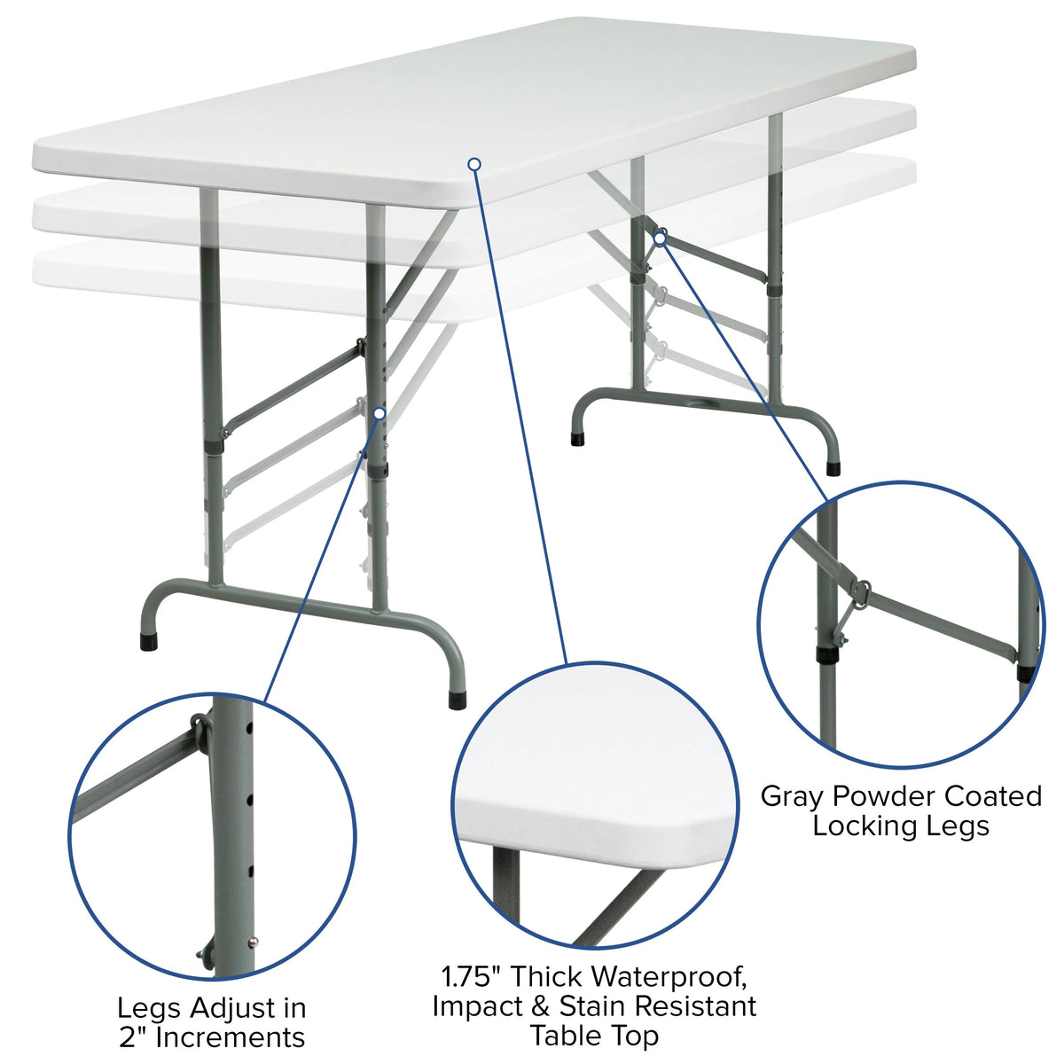 Flash Furniture RB-3072ADJ-GG Folding Table, 30" x 72", White - photo 2