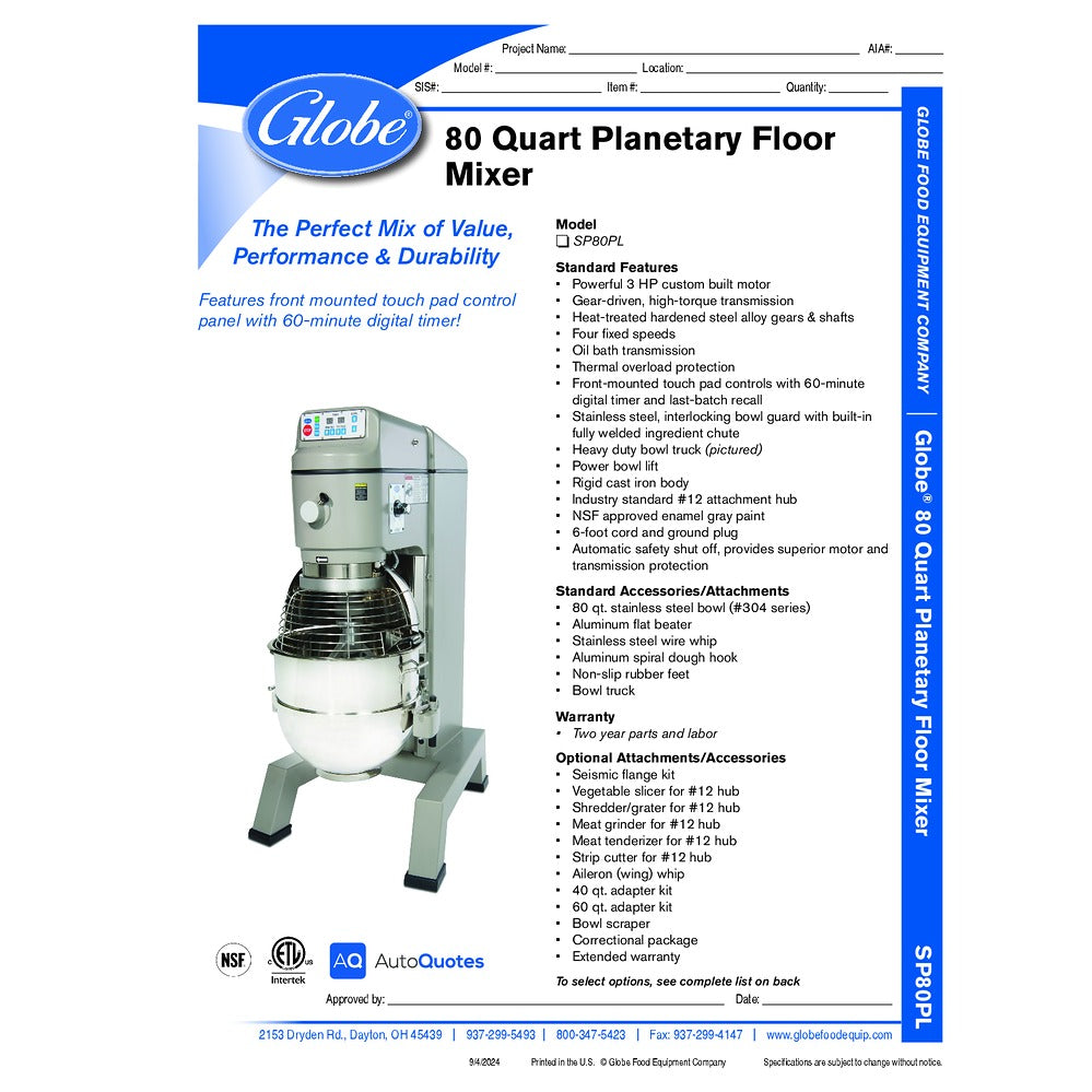 Globe Floor Mixer, 208V 3 phase - 80 qt.