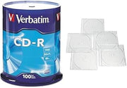 Verbatim CD-R 100 Discs Spindle Frustration Free Packaging + 25 Clear Slim Storage Cases – Data & Music Recording Bundle