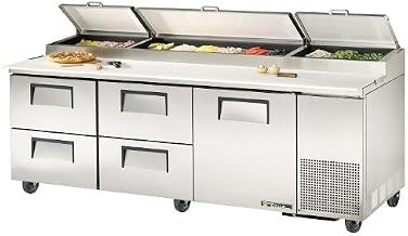 True TPP-93D-4 Refrigerated Pizza Prep Table 93"W, Single Door & Four Drawers, (12) 1/3 Size Pans