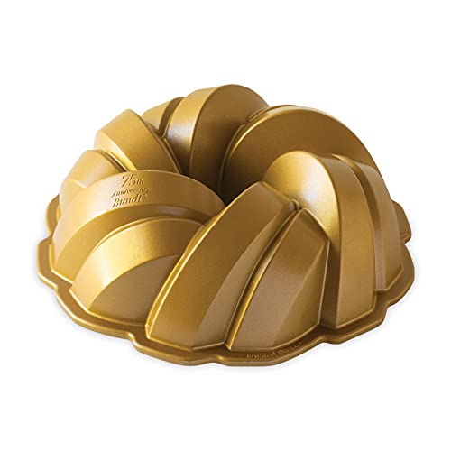 Braided Bundt Cake Pan 75th Anniversary - Tool & Holder Set by Nordic Ware – Large, 12.0 cups, Aluminum, Gold, Model NOBP1550