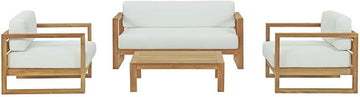 Teak Wood 4 Piece Outdoor Patio Furniture Set with Sofa Sectional Couch for Deck Backyard Lawn and Seating, Natural White