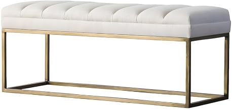 Furnifact Fabric-Upholstered Dining Bench with Channel-Stitched Seat and Brushed Gold Legs, Upholstered Bench for Entryway or Bedroom, Shortbread