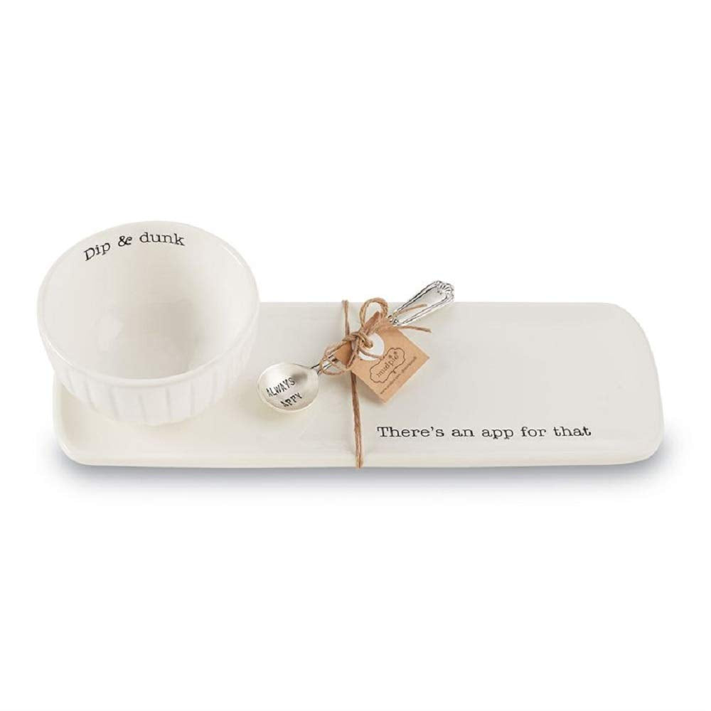 Mud Pie Ceramic Appetizer Set, 3 Piece Tray Bowl And Spoon, White