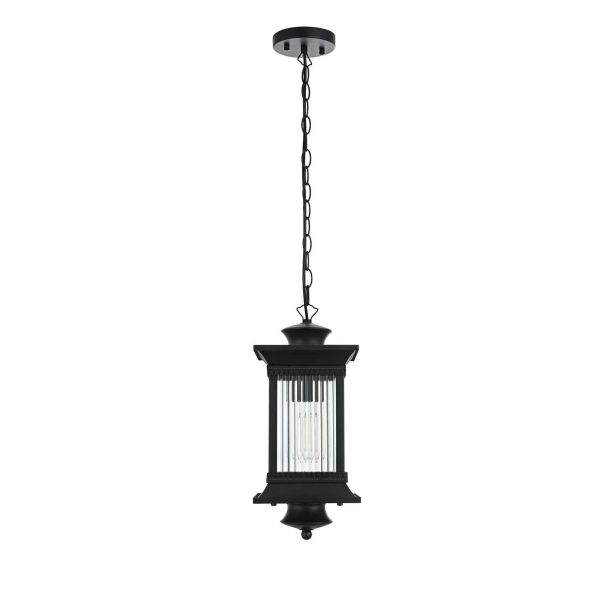 Collins One Light Outdoor Pendant Black by Lighting Design – Iron, Black, Model OD316H18BK