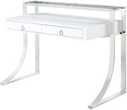 White High Gloss 48-Inch Writing Desk with Two Drawers, Contemporary Rectangular Style, Chrome Finish, Office Furniture for Modern Workspace