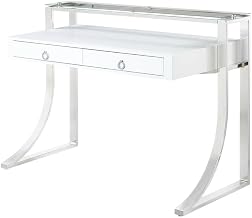 White High Gloss 48-Inch Writing Desk with Two Drawers, Contemporary Rectangular Style, Chrome Finish, Office Furniture for Modern Workspace