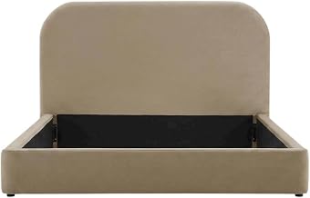 Furnifact Performance Velvet-Upholstered Platform Bed with Curved Headboard, Queen Bed Frame with Headboard Upholstered Queen Bedframe, Taupe