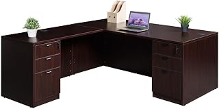 Boss Office Products Holland 71" Executive L-Shape Corner Desk with Dual File Storage Pedestals, Mahogany