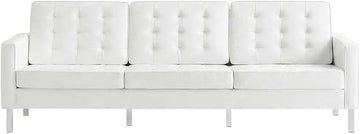Furnifact Vegan Leather Sofa with Button-Tufted Back, Faux Leather Couch and Tufted Leather Couch for Living Room, Silver White