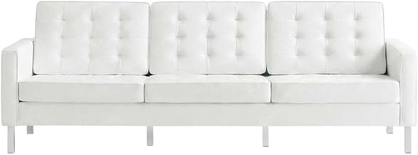 Furnifact Vegan Leather Sofa with Button-Tufted Back, Faux Leather Couch and Tufted Leather Couch for Living Room, Silver White