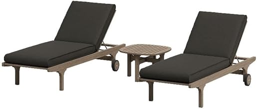 Modway Saratoga Teak Wood Set of 2 Chaise Lounge Chairs and Side Table in Weathered Gray Flint - 3-Piece Outdoor Furniture Set