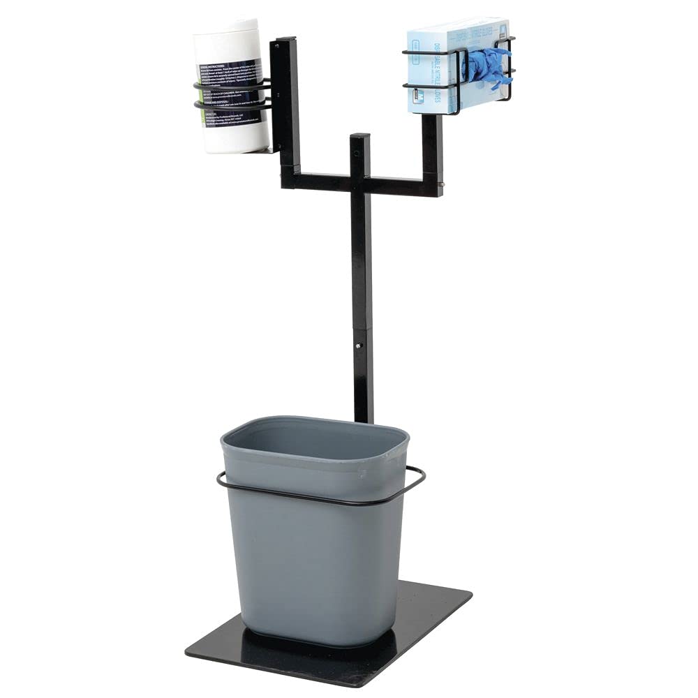 Double Arm Modular Sanitizer Stand with Trash Can - 15 1/5" L x 12 3/5" W x 29" H by HUBERT – Steel, Black, Model 19617/28368/247