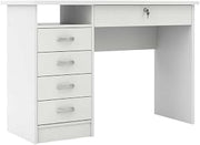Furnifact Elegant White Computer Desk with Five Drawers and Open Shelf Design, Modern Home Office Writing Desk with Storage for Small Spaces