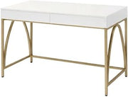 White High Gloss and Gold Desk with Modern Design, Metal Tube and MDF Construction, Sleek Finish, Suitable for Home and Office Workspaces