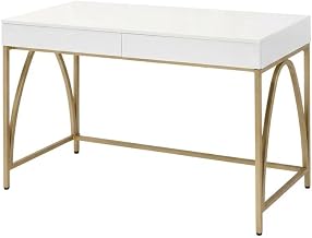 White High Gloss and Gold Desk with Modern Design, Metal Tube and MDF Construction, Sleek Finish, Suitable for Home and Office Workspaces