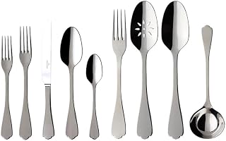 Villeroy & Boch Medina Collection 64-Piece Flatware Set, Service for 12, Plus 4 Additional Serving Pieces, 18/10 Stainless Steel, Flared Handle, Solid Weight