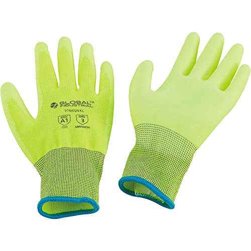 Flat Polyurethane Coated Gloves by Global Industrial – X-Large, Nylon, Lime Green, Pack of 12, Model 708604XL