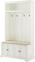 Furnifact White Hall Tree with Coat Hooks and Storage, MDF and Particle Board, Wide Entryway Organizer for Hallway and Mudroom