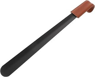 BESPORTBLE Stainless Steel Long Handle Shoe Horn Portable Travel Helper | Odorless Smooth Surface, Rational Bending Curve, Comfortable Grip, Black with Brown Leather Sleeve