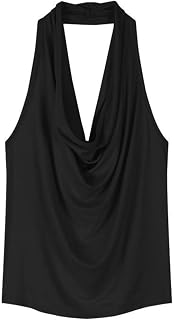 Women's Casual Halter Neck Draped Front Sexy Open Back Tank Top Y2k Cowl Neck Tops Black