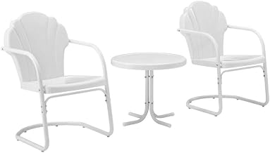 3Pc Retro Outdoor Furniture Set with Side Table and 2 Chairs, White Satin Finish, Durable Steel Frame, Comfortable Seating, Stylish Patio Design